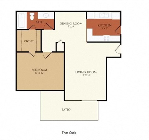 Floor plan for 1 bed, 1 bath, 780 sqft